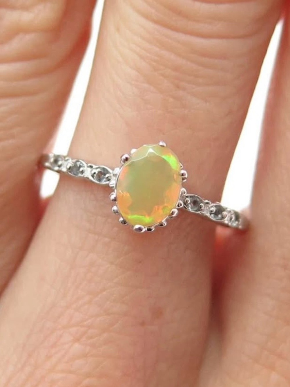 925 Sterling Silver Real Cabochon Opal & Round-Cut C Z Ring Size 8